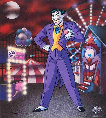 Classic Joker dressed in his zoot suit and spectator shoes standing in front of the Carnival Fun House 