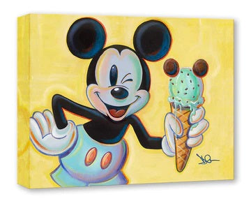 Mickey holding a mint green-flavored ice cream cone.