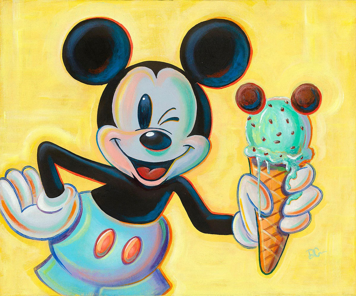 Mickey holding a mint green ice cream cone.