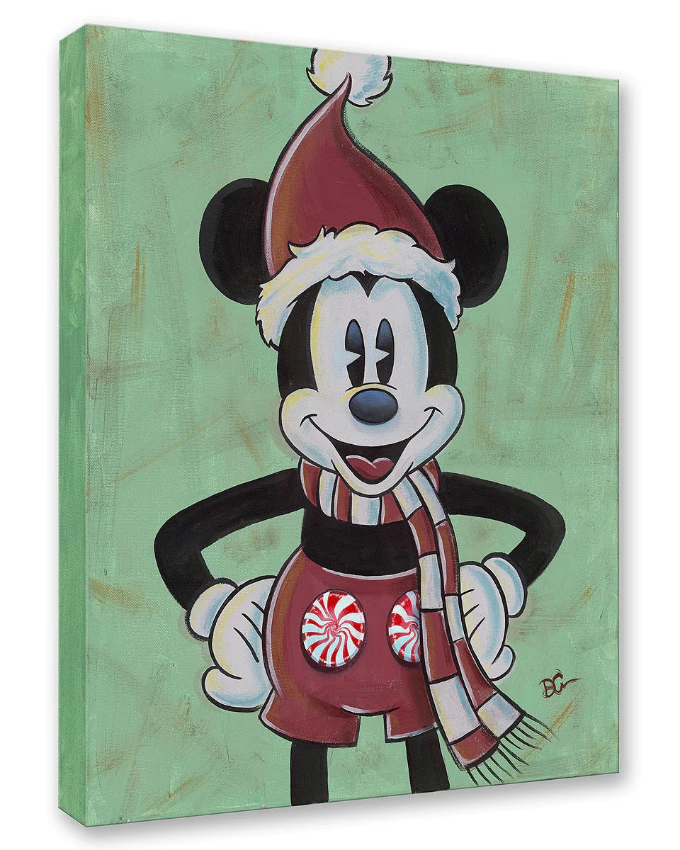Mickey is dressed for the Christmas holiday with, a cap and striped red scarf.