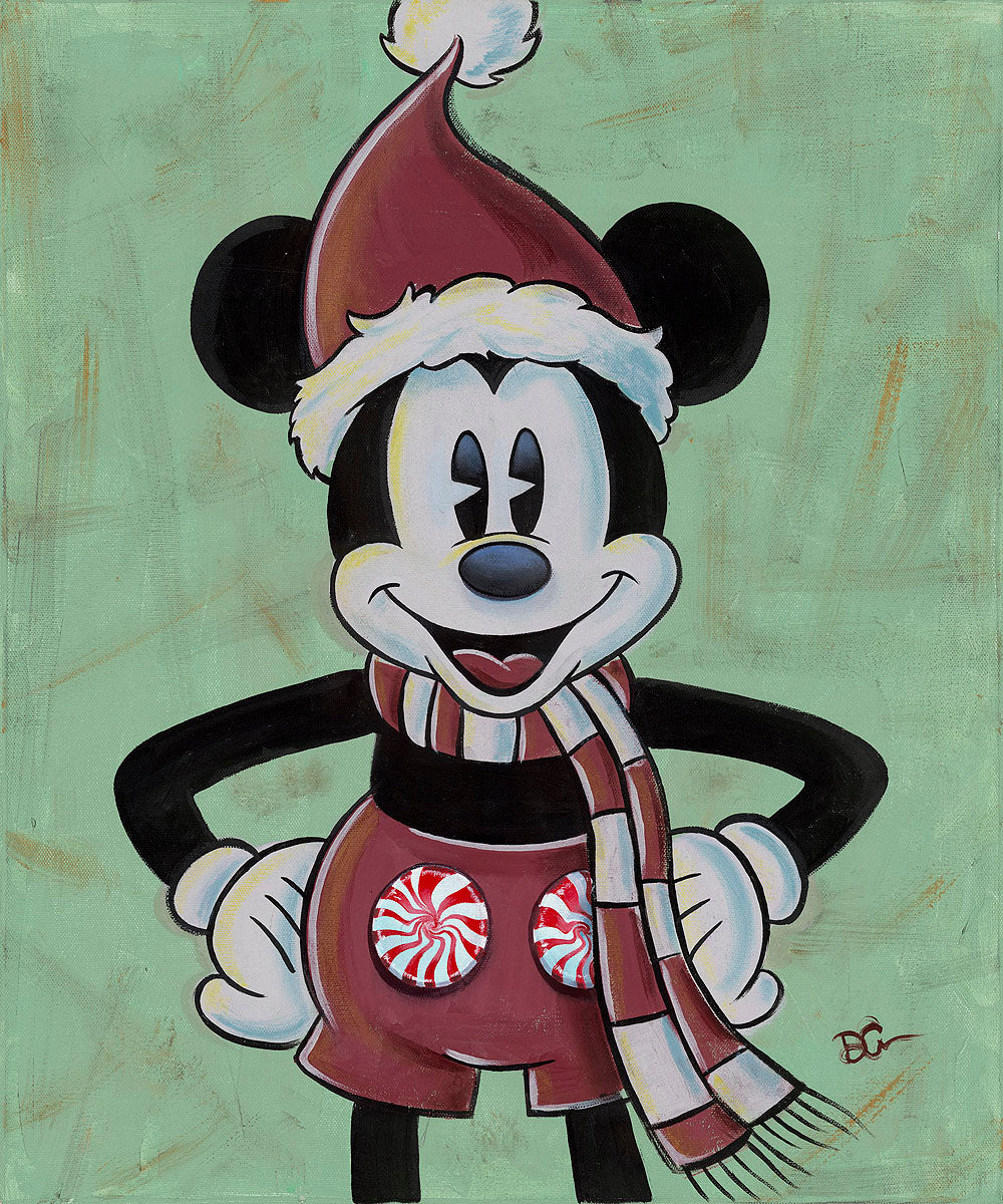 Mickey is dressed for the Christmas holiday with, a cap and striped red scarf.