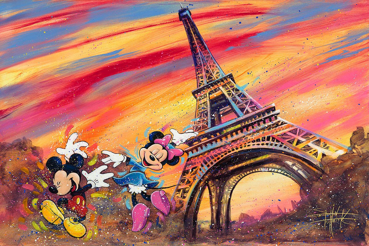 Mickey and Minnie having fun tapping their heels. The colorful  Eiffel Tower  shown in the background.