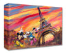 Mickey and Minnie having fun tapping their heels. The colorful Eiffel Tower shown in the background. Gallery Wrap Canvas