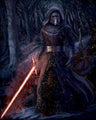 Kylo Ren out in the dark snowy forest with crossguard lightsaber in hand.