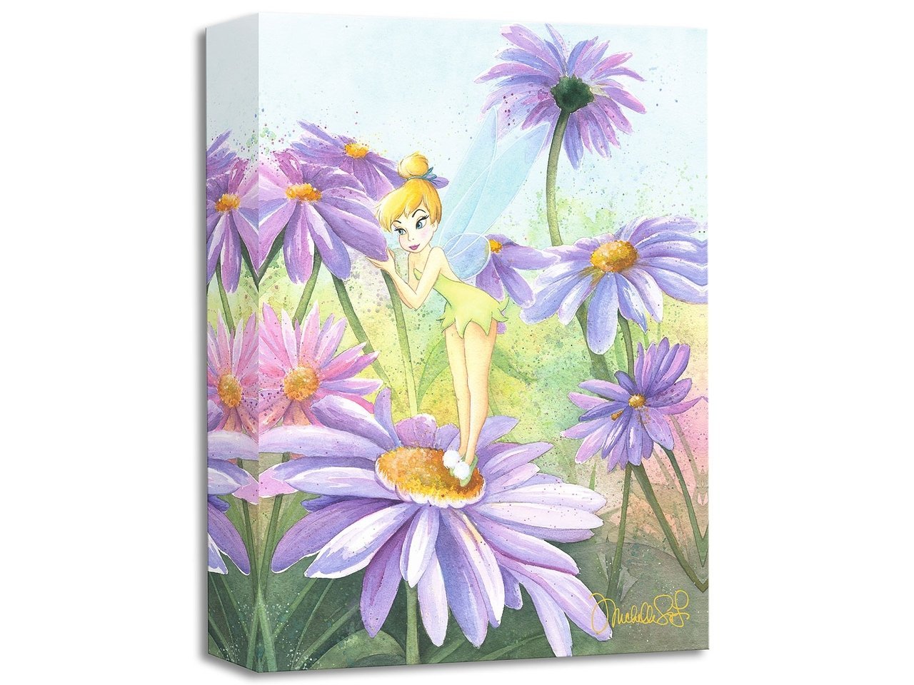 Tinker Bell is smelling the purple daisies