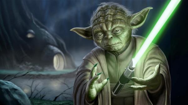 Yoda mastering the force with his lightsaber