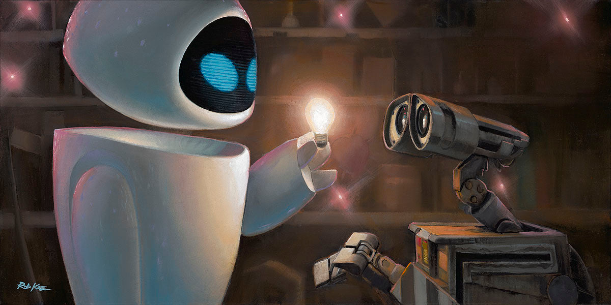 Eve shows Wall-E her electoral availabilities by holding a lit light bulb.