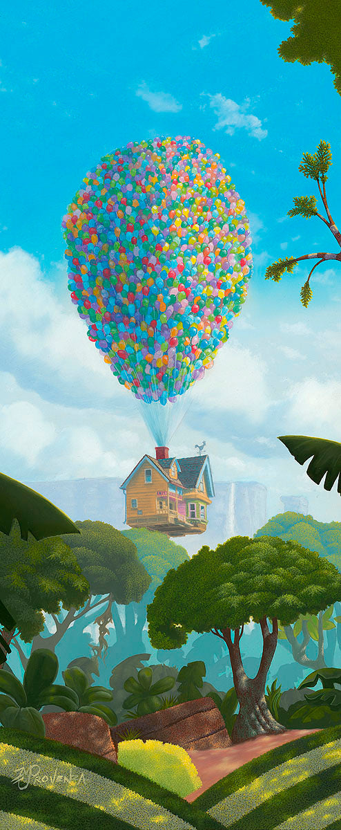 Ellie's Dream By Michael Provenza  The Fredricksen house is spotted flying over the wild jungle's lush landscape, with the help of thousands of helium balloons tied to it.   Artwork Inspired by Disney-Pixar 2009 animated feature film characters  - movie "UP".