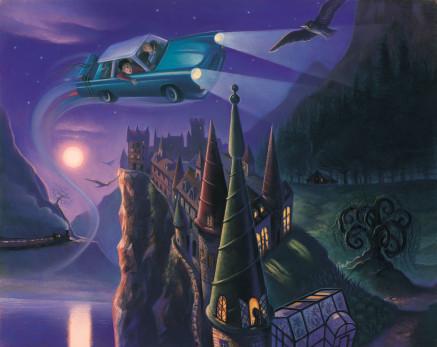 Harry Potter and friends take a nightly drive over Hogwart in the enchanted flying Ford Anglia car. 