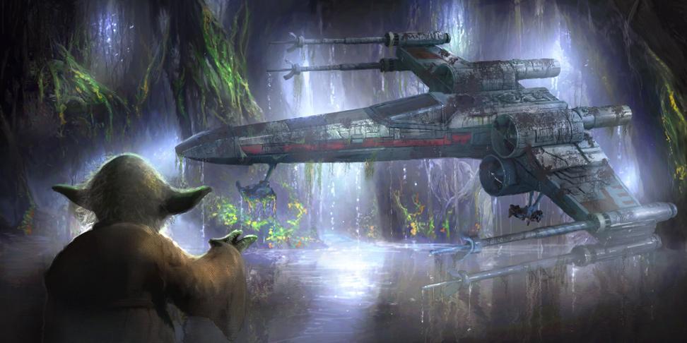 Yoda uses the Force to raise Luke's X-wing Starfighter from the depths of the swamp. 