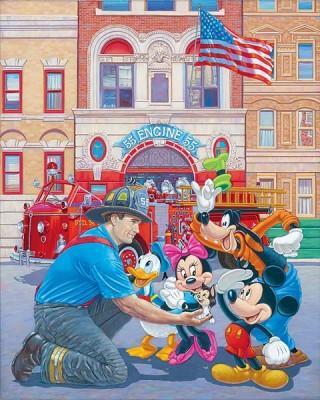 Mickey, Minnie, Donald and Goofy are excited to meet the fireman at the local Engine 55 fire station. 