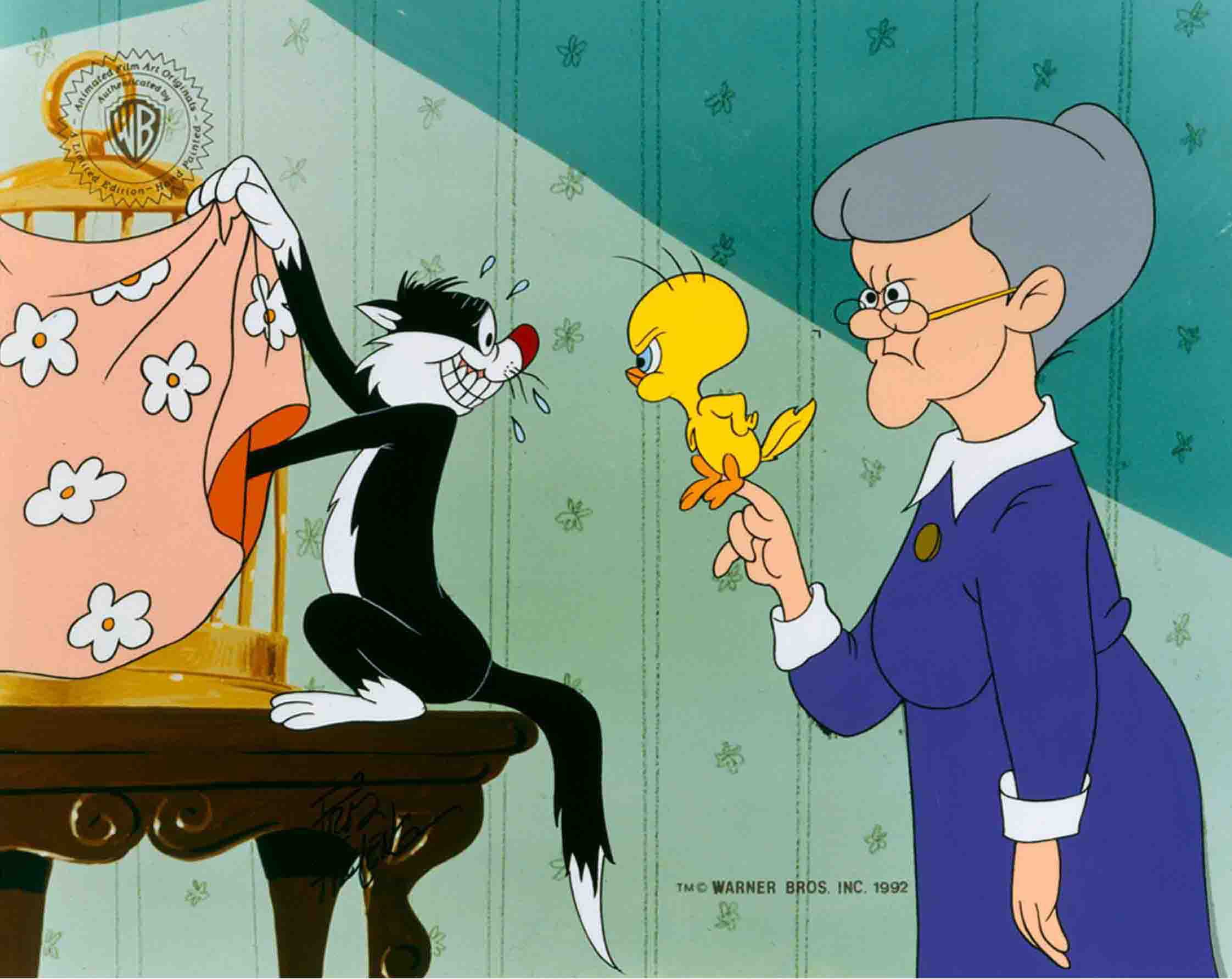 Granny and Tweety catch Sylvester in the act again.  