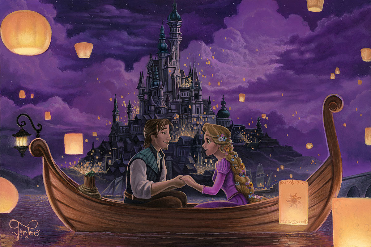 Rapunzel and Flynn share a special moment as they sit holding hands in a boat surrounded by lanterns flowing up into the night's sky, as the kingdom celebrates the annual birthday festival in honor of the lost Princess Rapunzel. Inspired by Disney's movie Tangled.