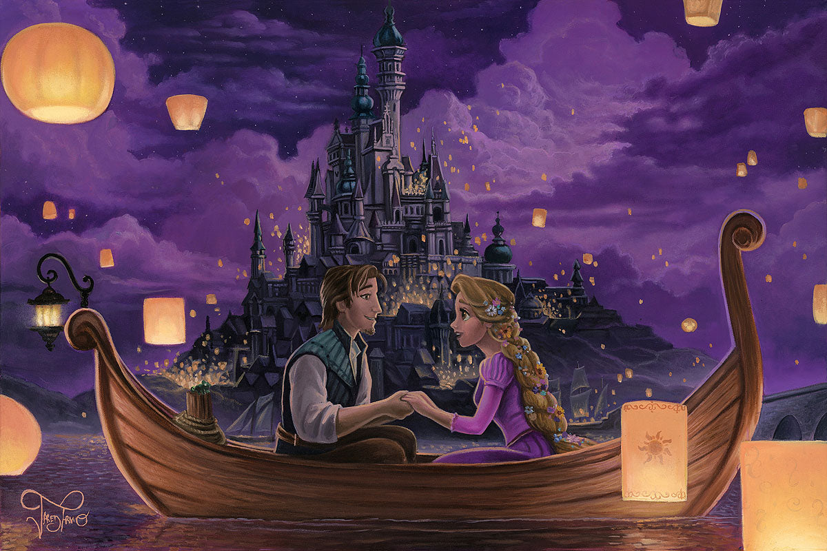 Rapunzel and Flynn share a special moment as they sit holding hands in a boat surrounded by lanterns flowing up into the night&