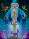 Merlin the wizard holds his wane as he stands in front of Excalibur -the magical sword.