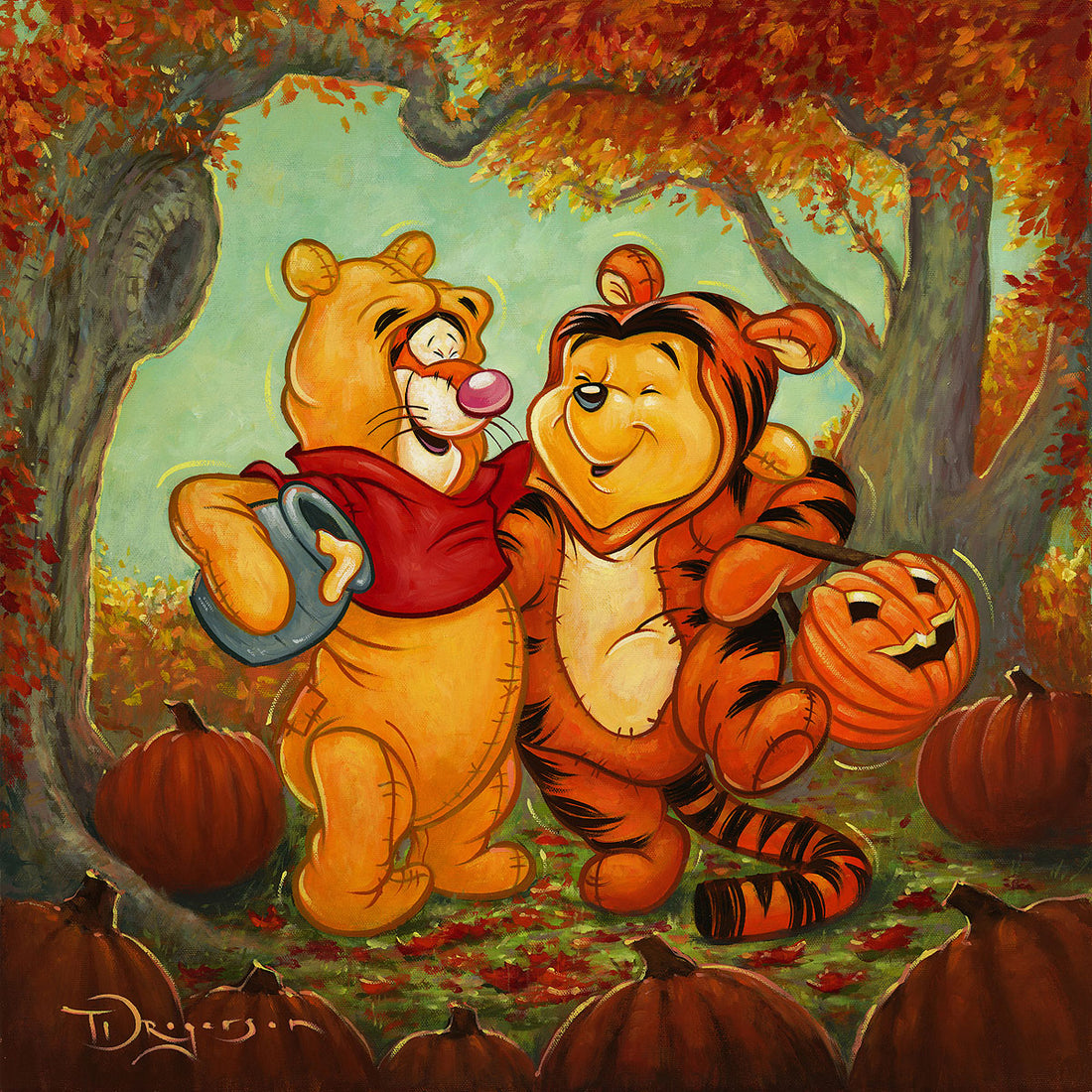 Friendship Masquerade by Tim Rogerson.   Winnie the Pooh and Tigger dress-up in each others look alike costumes, ready for the big Halloween Trick or Treating night.