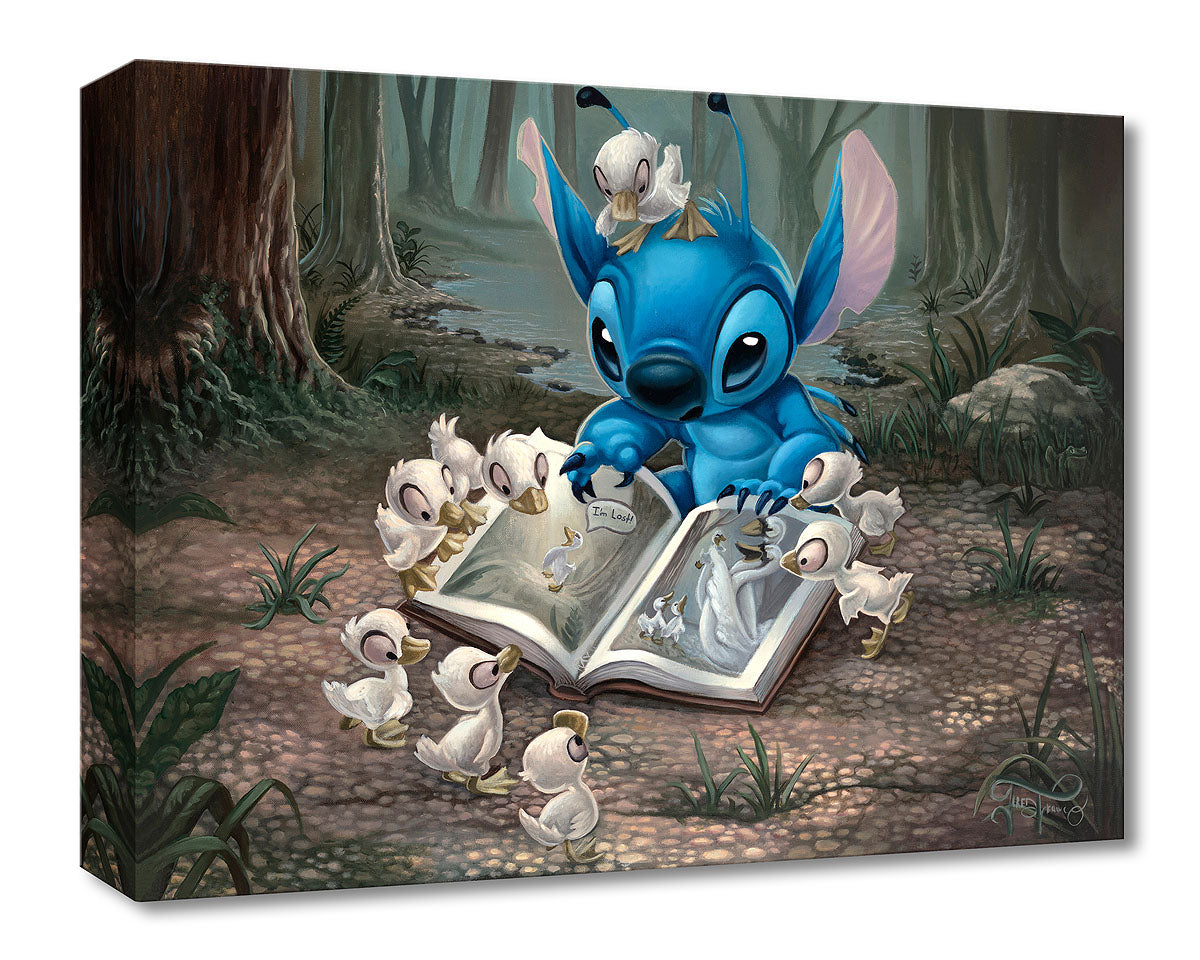 Friends of a Feather by Jared Franco.  The young ducklings gather around Stitch as he shows them a pictures of a lost ducking in a book.