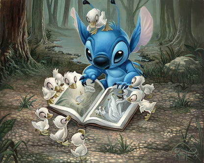 Friends of a Feather by Jared Franco.  The young ducklings gather around Stitch as he shows them a pictures of a lost ducking in a book. Inspired by Disney&