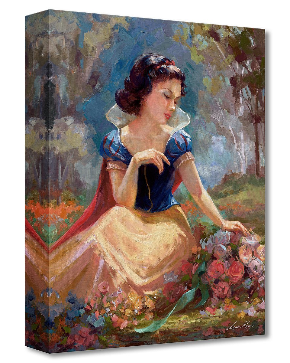 The beautiful Snow White sitting in the garden, gathering a bouquet of flowers.