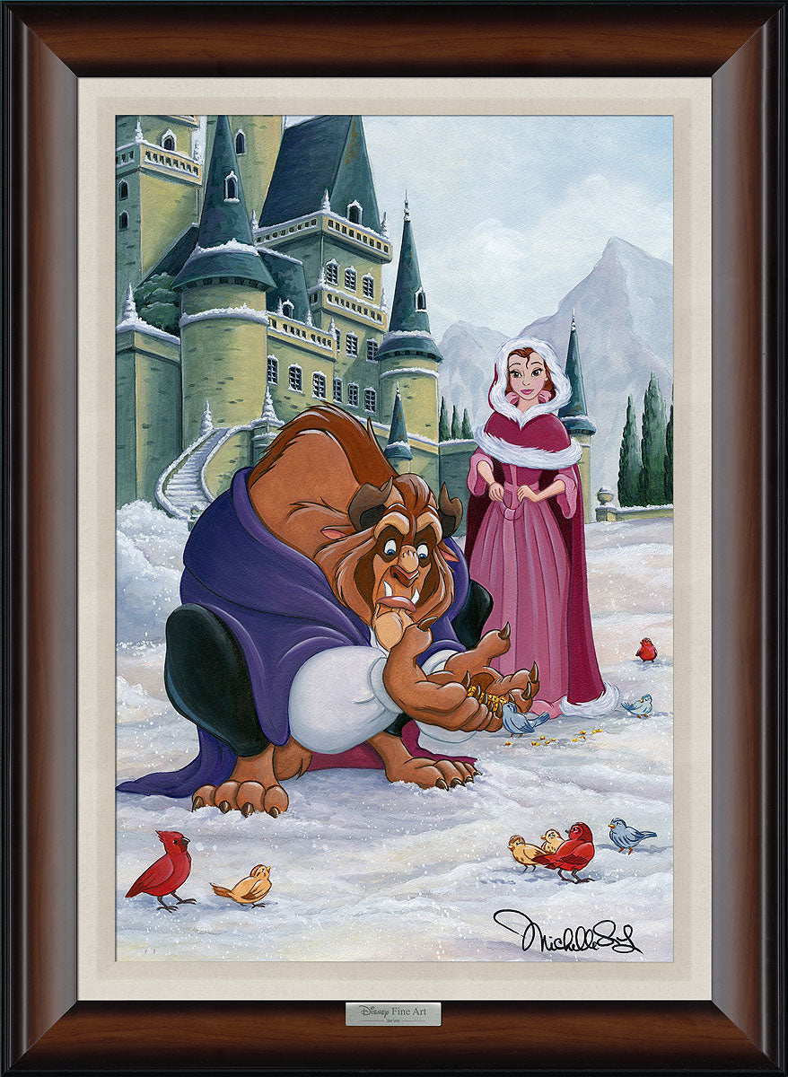 Belle and the Beast gather around the birds on a winter day as Belle watches the Beast, offering the bird seeds from his paws.