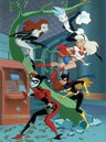 Supergirl tussling with Catwoman, Harley Quinn, Poison Ivy and Livewire.