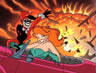 Harley Quinn and Poison Ivy in a red convertible setting the night alight.