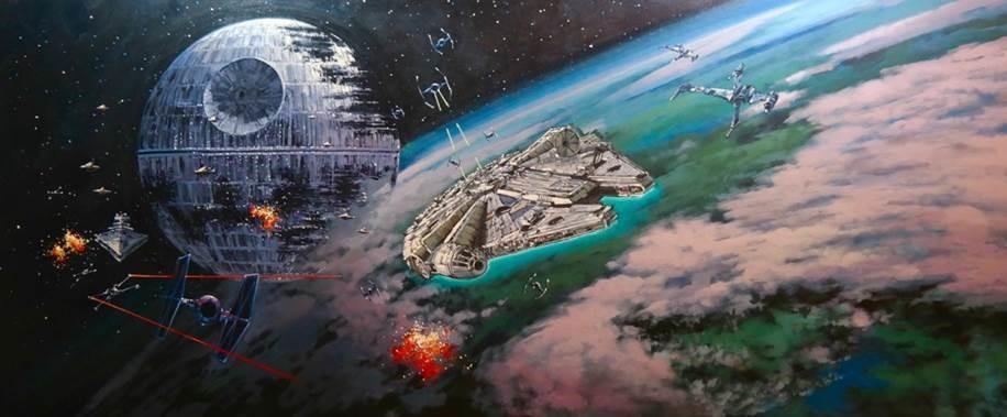 Millennium Falcon chased by Imperial Star Destroyer and First Order TIE Fighters. 