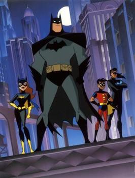 Nighttime in Gotham City with Batman, Catwoman, Robin and Nightwing standing tall.