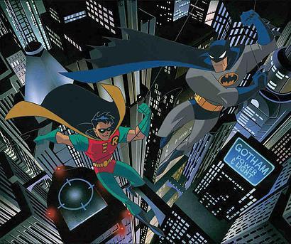 Batman and Robin hovering high over Gotham City.