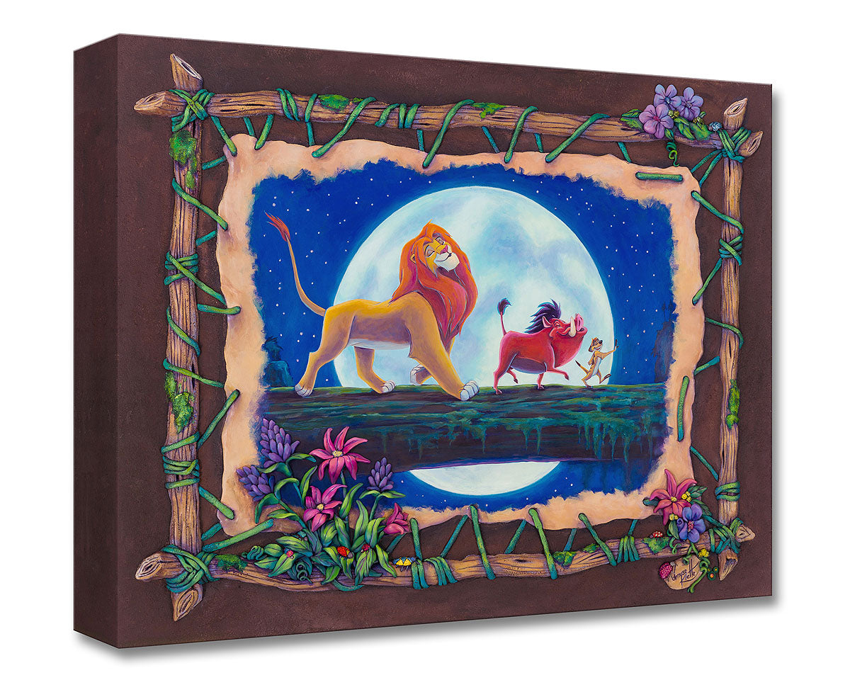 Simba, Pumbaa and Timon singing by the light of the moon, their care-free song - Hakuna Matata.  Gallery Wrapped Canvas