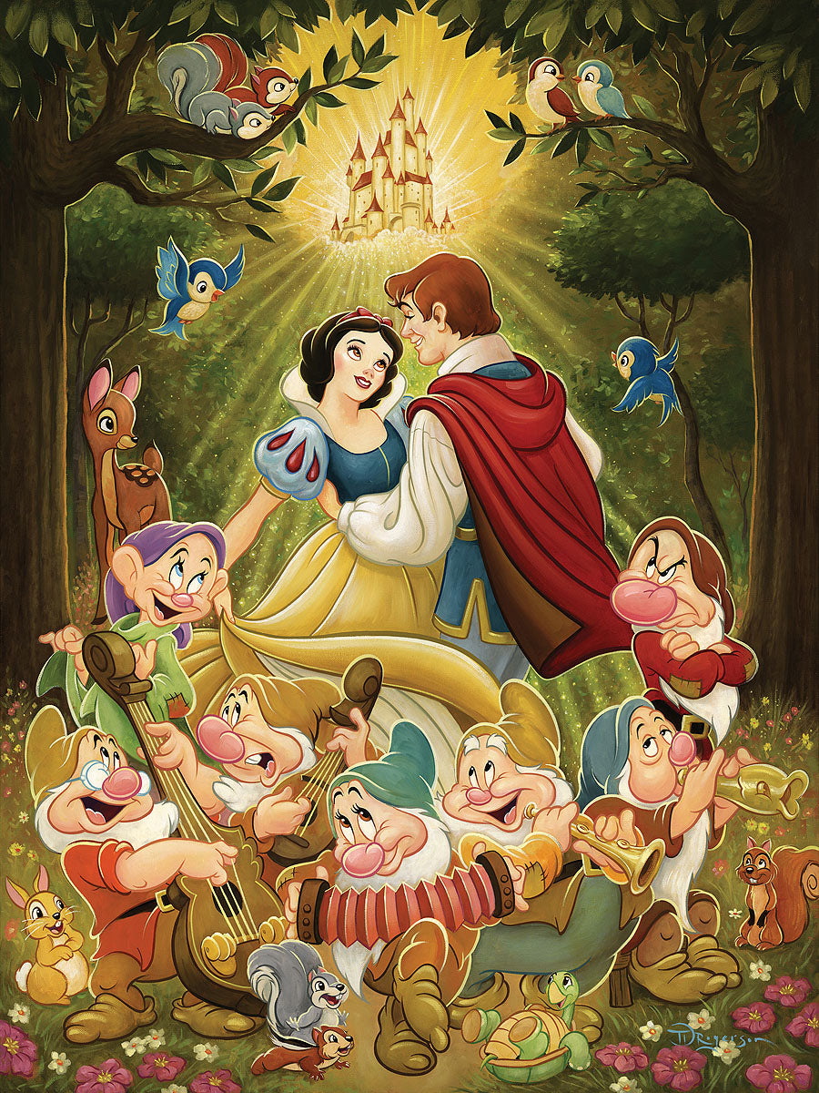 Snow White and her Prince surrounded by the friends the Seven Dwarfs.