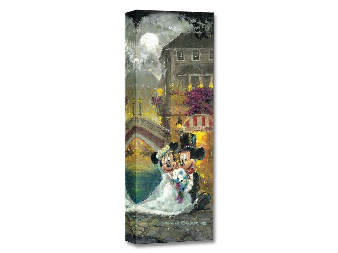 Mickey and Minnie moonlight stroll through the Venice Plaza as Bride and Groom.