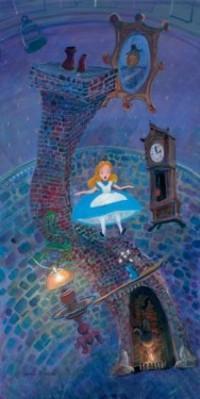 Alice, along with a chimney fireplace, table, lamp, mirror, and grand clock, appears to be winding down the rabbit hole.