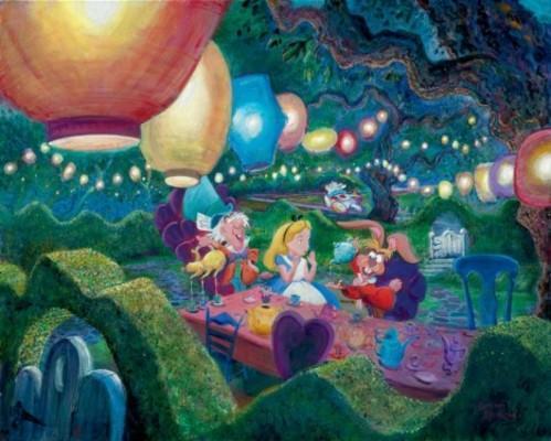 Alice joins the Mad Hatter, the wacky White Rabbit at the Mad Hatter's evening Tea Party, colorful lite lanterns hanging from the tree branches - canvas