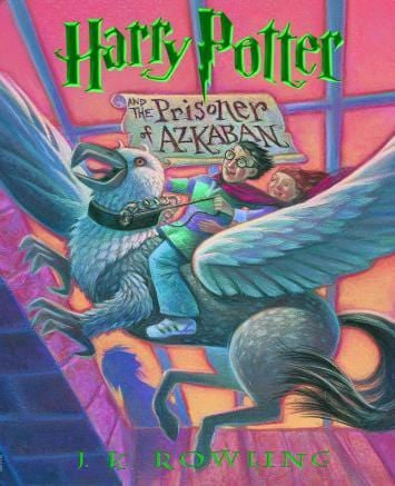 Harry Potter flying away on Buckbeak.