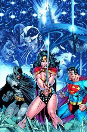 The super-hero trinity of Batman, Wonder Woman and Superman striking a pose as various foes and allies loom in the background. 
