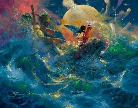 Mickey the Sorcerer conducting a symphony at sea, with the dancing broom and water waves.