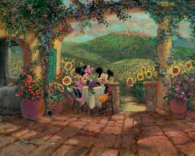 Mickey and Minnie share a romantic afternoon under the vine wrapped pergola in Tuscany.