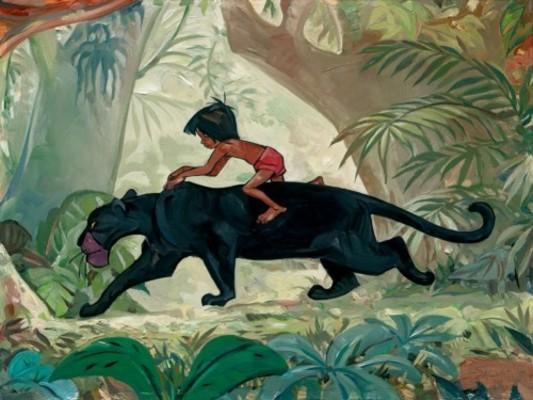 Bagheera takes Mowgli for a ride through the jungle