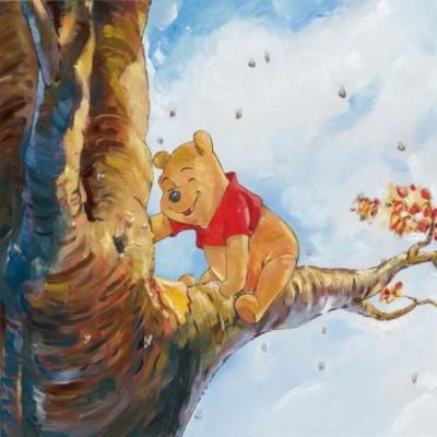 Winnie the Pooh sets on a tree branch in hope of retrieving honey from the beehive. 