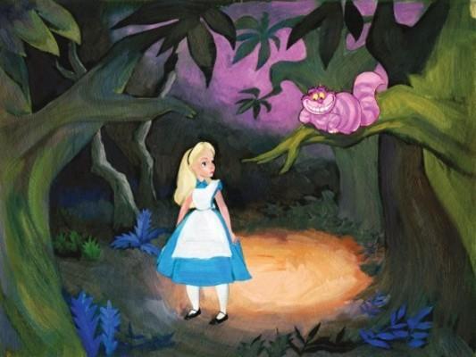 Alice encounters the Cheshire Cat sitting up on a tree limb, while wonder in the woods. 