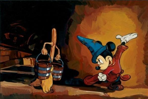 Mickey uses his magical powers to command the wooden broom to carry the buckets.