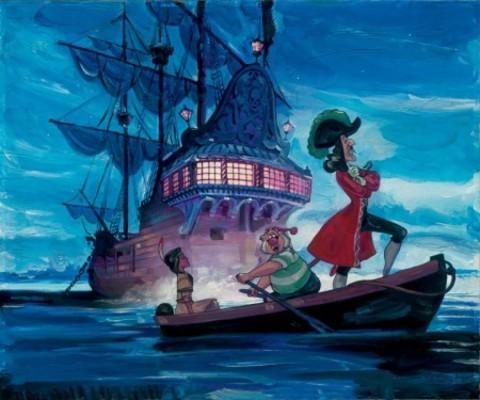 The pirate's brig is docked at Neverland bay. Captain Hook, Tiger Lily, and Smee take a small boat to shore....
