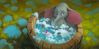 Dumbo and Timothy the mouse bathing in a wooden tub. Artwork inspired by Walt Disney 1941 animated fantasy film &quot;Dumbo.&quot;