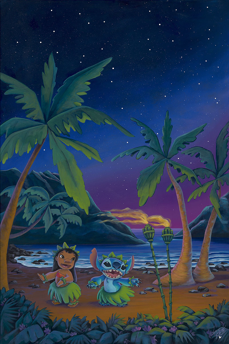Lilo and Stitch hula dancing under the starry night.