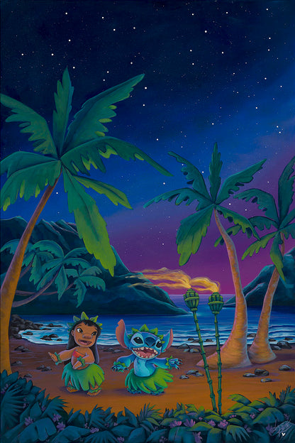 Lilo and Stitch hula dancing under the starry night.