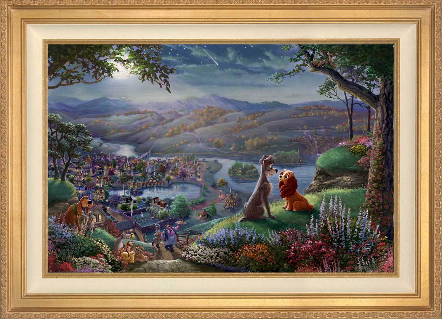  Lady and the Tramp sit gazing into each other’s eyes and falling-in-love, they are seemingly unaware of the world around them - in Antique Gold Frame