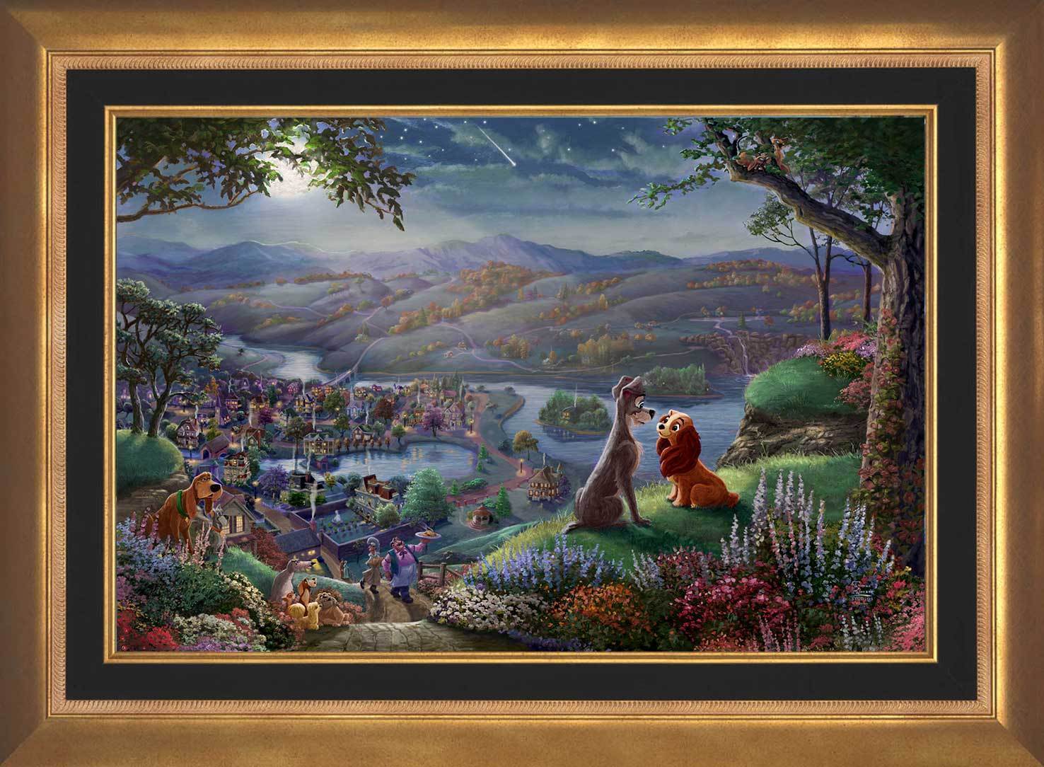  Lady and the Tramp sit gazing into each other’s eyes and falling-in-love, they are seemingly unaware of the world around them - in Aurora Gold Frame