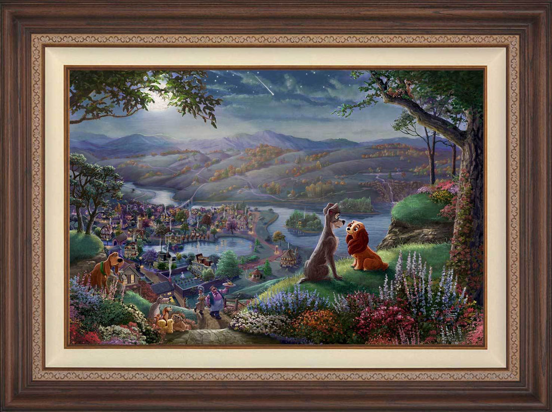  Lady and the Tramp sit gazing into each other’s eyes and falling-in-love, they are seemingly unaware of the world around them - in Dark Walnut Frame