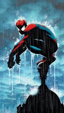 Spider-Man squat down on top of a high building as rain drips down on him.